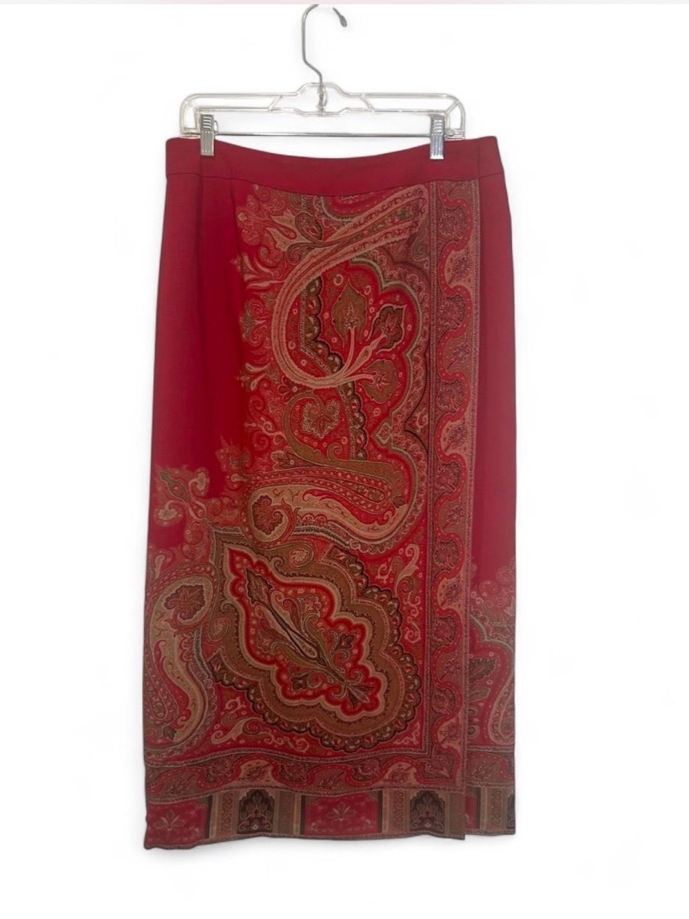Vtg Talbots Wrap Skirt Womens 14 Midi Red Paisley 100% Wool Scarf Print Boho